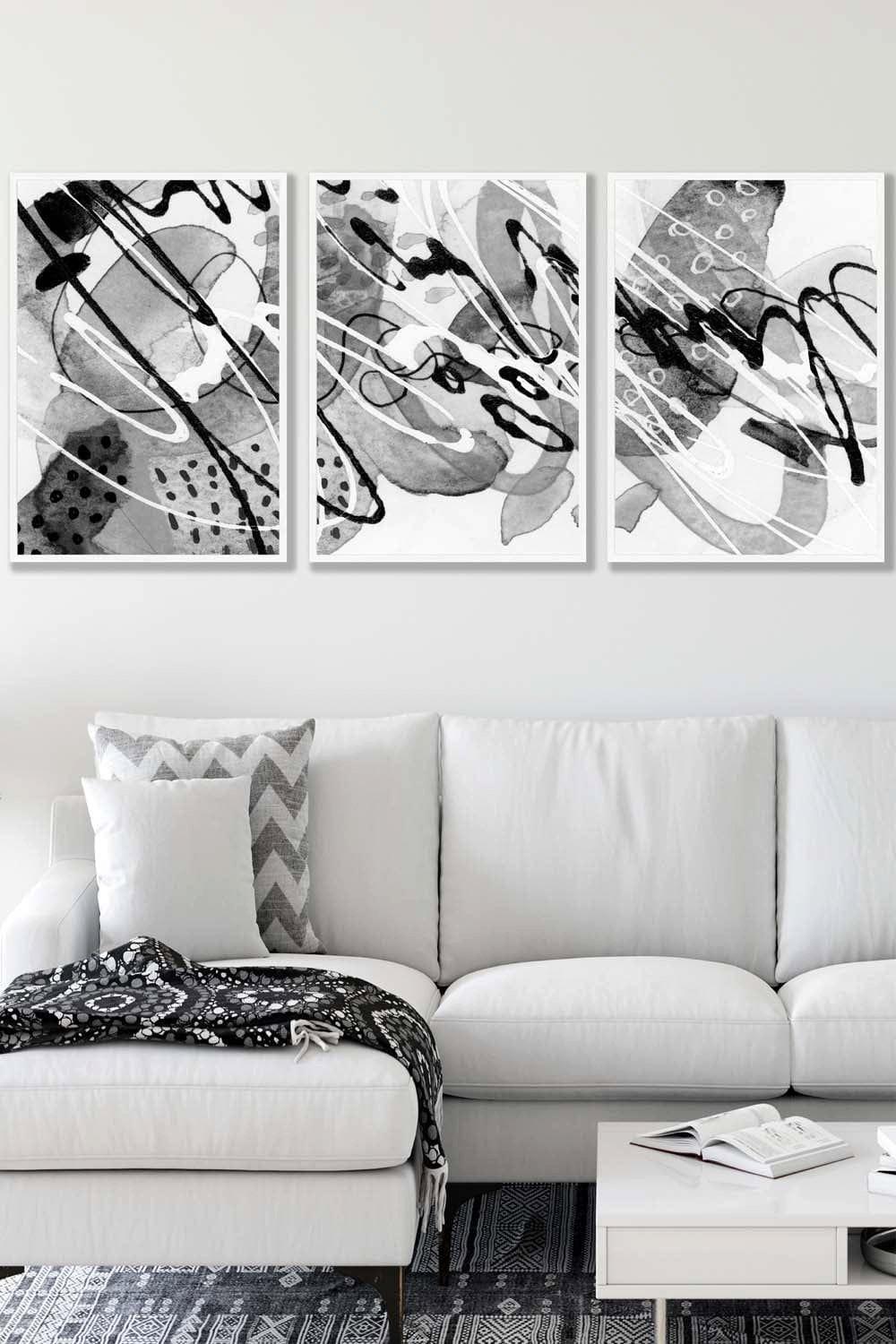 Set of 3 White Framed Abstract Watercolour in Black and Grey Wall Art